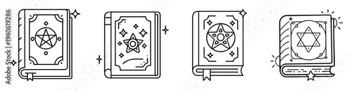 Collection of magical spell books with pentagram and hexagram design