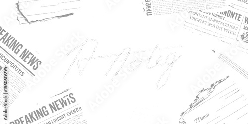 Faded newspaper clippings with breaking news headlines and handwritten script overlay text