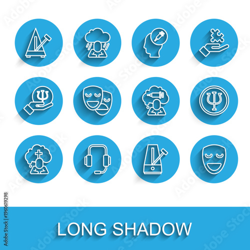Set line Man graves funeral sorrow, Psychologist online, Metronome with pendulum, Comedy theatrical mask, and tragedy masks, Psychology, Psi and Addiction to drug icon. Vector