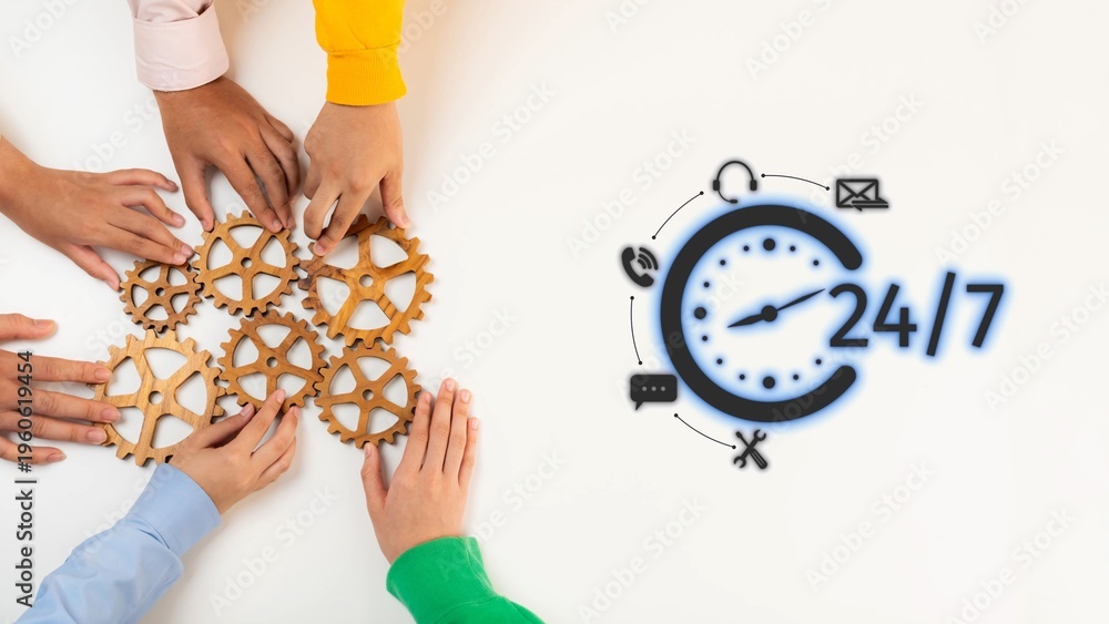 Obraz premium Hands gather around wooden gears symbolizing teamwork and collaboration, emphasizing the importance of continuous service and reliable support available around the clock. Raster