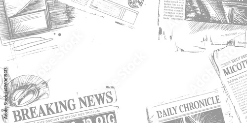 Sketchy newspaper headlines and articles in grey tones on a white background breaking