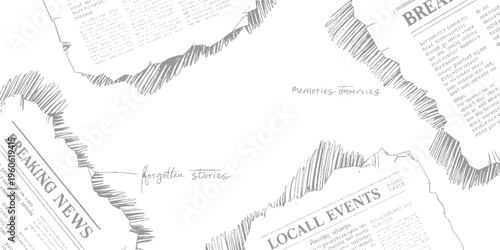 Torn grey newspaper fragments with handwritten text and sketched lines on white background