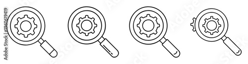 Four magnifying glass icons showcasing gears representing settings and configuration tools