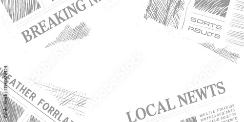 Scattered newspaper headlines and textured newsprint fragments on white background