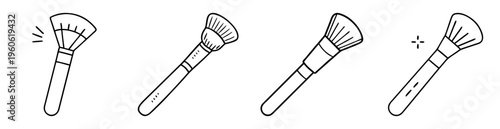 Four elegant makeup brush illustrations in a black and white outline style