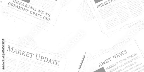 Four angled newspapers with headlines b r e a k i n g n e w s m a r k e t u p d a t e and m a r k e t n e w s in grey text on white background