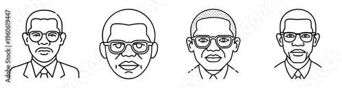 Black and white line drawing of four men wearing glasses and suits