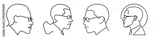 Line art drawing showing four different men profiles wearing glasses isolated on white