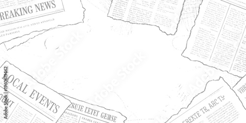 Torn grey newspaper pages with headlines and text fragments white