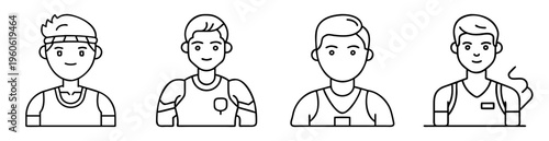 Line art of four cartoon athletes wearing different types of sportswear