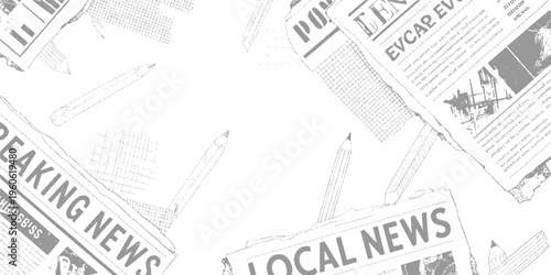 Scattered newsprint pages and pencils in a monochromatic style newspaper paper