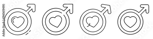 Four gender symbols with hearts illustration in black and white lines