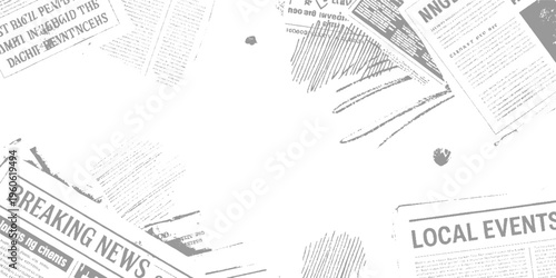 Overlapping grey newspaper pages with headlines and text breaking