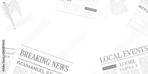 Newspaper headlines breaking news local events and pencil