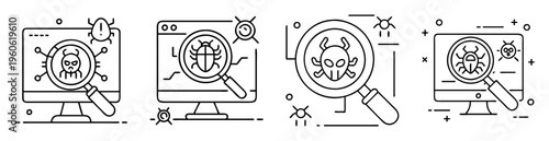 Computer and virus detection concept with magnifying glass and monitors icons