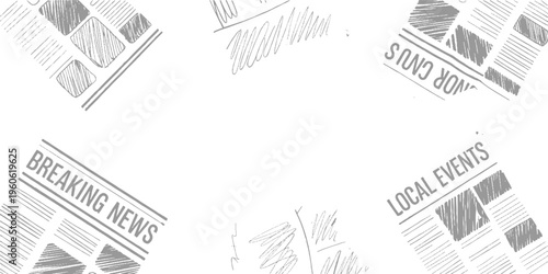 Hand drawn newspaper headlines breaking news and local events on white background