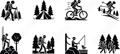 Outdoor adventure icon set featuring hiking camping mountain biking skiing and fishing silhouettes in a forest setting isolated on white background for travel infographics