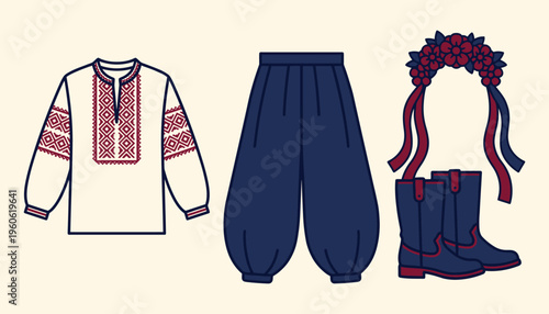 Ukrainian ethnic apparel icons including shirt trousers boots and flower crown