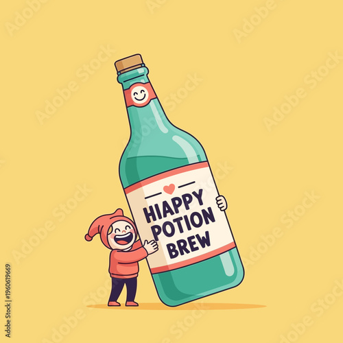 Happy Little Character Hugs Giant Potion Bottle Labeled "Happy Potion Brew"