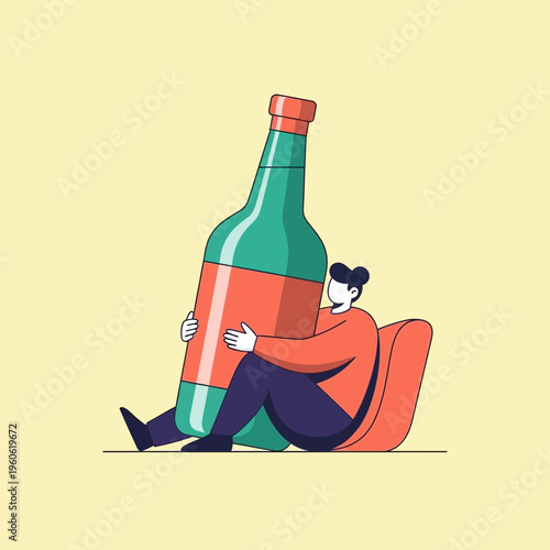 Person hugging giant bottle, symbolizing addiction, dependence, or overconsumption