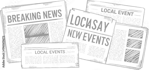 Stack of newspapers with headlines breaking news local event and locasay new events