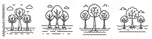 Stylized line art illustration of trees growing in or near water source