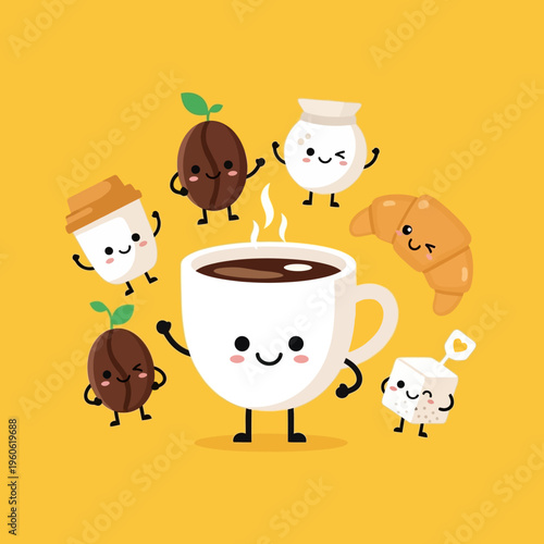 Cute Kawaii Coffee Characters with Croissant and Sugar Cubes on Yellow Background