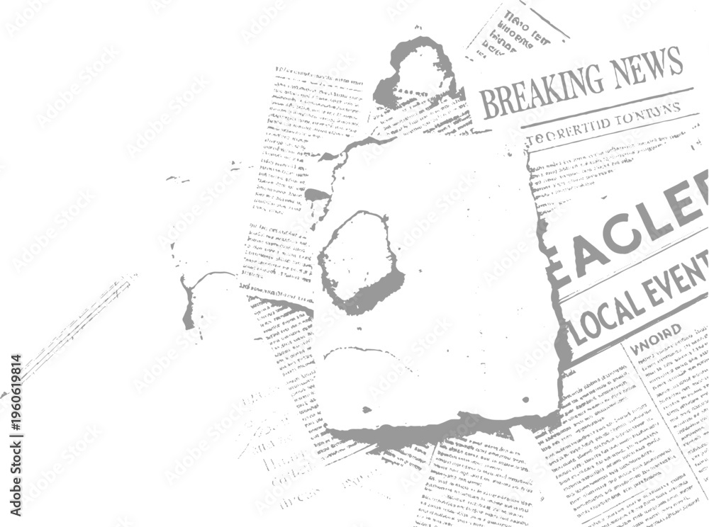 Obraz premium Torn newspaper pages with breaking news headlines and text fragments