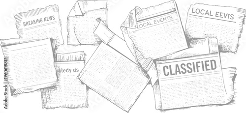 Scattered vintage newspapers with headlines like breaking news local events and classifieds