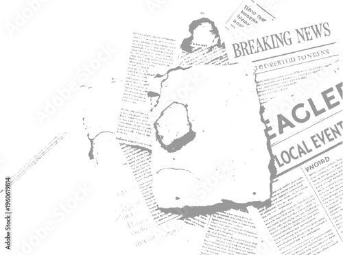 Torn newspaper pages with breaking news headlines and text fragments