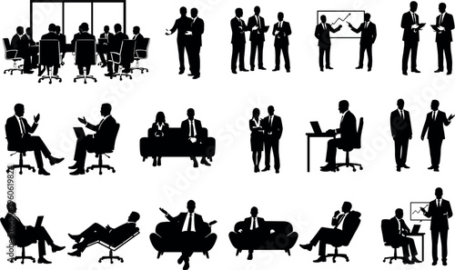 Set of Professional Business People Silhouettes in Corporate Meetings Office Presentations and Formal Discussions Isolated on White Background for Finance Marketing and Executive Networking Design