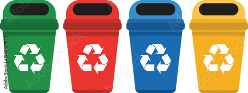 Colored recycling bins, waste segregation and recycling symbols, bright garbage containers, eco friendly plastic disposal concept, environmental sustainability illustration