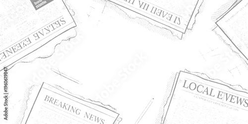 Scattered torn newspaper pages with headlines and text on white background