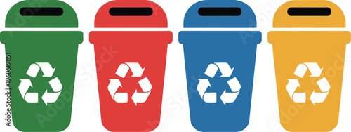 Colored recycling bins, waste segregation and recycling symbols, bright garbage containers, eco friendly plastic disposal concept, environmental sustainability illustration