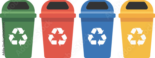 Colored recycling bins, waste segregation and recycling symbols, bright garbage containers, eco friendly plastic disposal concept, environmental sustainability illustration