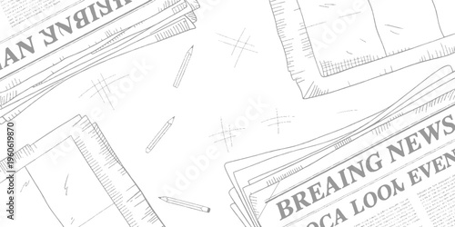 Hand drawn of newspapers and pencils on white background writing text article