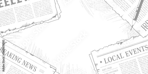Vintage newspaper pages with breaking news and local events headlines and text in grayscale