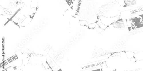 Scattered newspaper fragments with headlines like breaking news local events and weather update in grey tones on white background