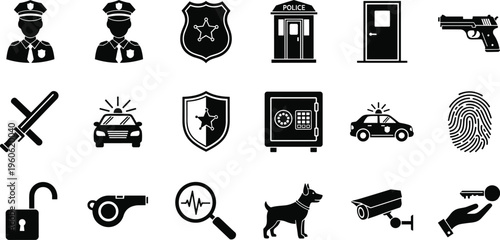 Police and security icon set featuring black silhouettes of officers, patrol cars, badges, handcuffs, surveillance cameras, and law enforcement equipment isolated on white background.