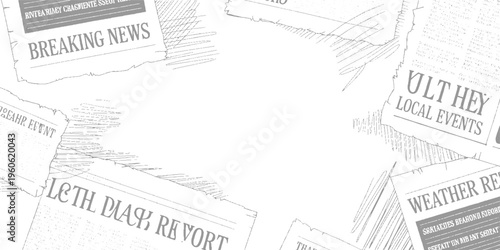 Scattered grey newspapers with headlines like breaking news local events and weather report