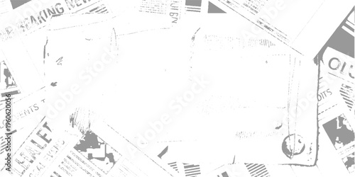 Overlapping grey newspaper clippings with text fragments and abstract shapes on white background print