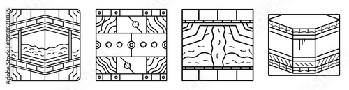 Four abstract stained glass window patterns featuring geometric and organic motifs