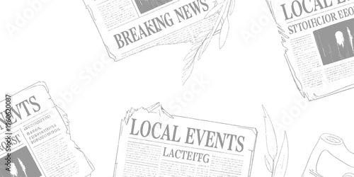 Grey line newspapers with headlines breaking news and local events scattered across white background