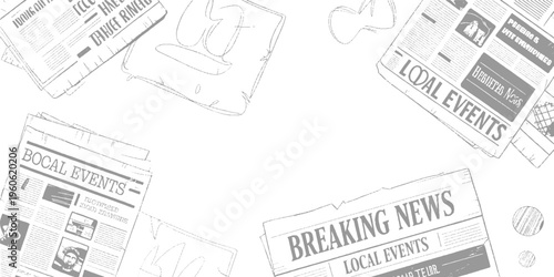 Scattered newspapers with headlines like breaking news and local events in a style