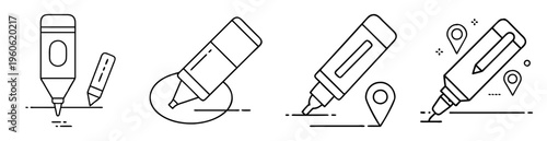 Black and white illustration depicting the usage of markers in various contexts
