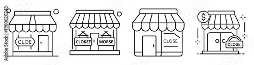 Monochrome line drawing icons of shops and businesses that are closed
