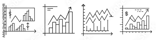 Diverse handdrawn business charts and graphs showing financial growth and fluctuations
