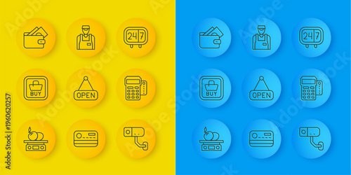 Set line Electronic scales for product, Buy button, Hanging sign with Open, Security camera, POS terminal credit card, Wallet money, Clock 24 hours and Seller icon. Vector