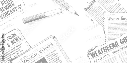 Vintage newspaper clippings with headlines and pencil of writing utensil text print