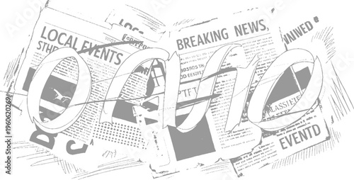 Overlapping grey newspaper pages with headlines and text breaking local events
